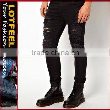 Black Super Skinny Fit Distressed denim man jeans pant denim factory jeans in india size (LOTA082)