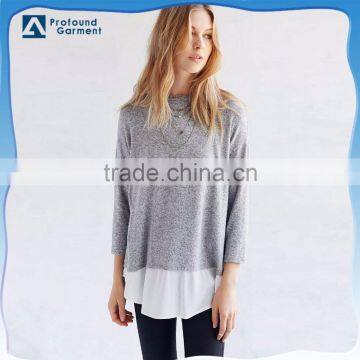 women 2016 blank longline drifit tshirt t-shirt for girl bottom with chiffon fabric long t-shirt manufactures in guangzhou