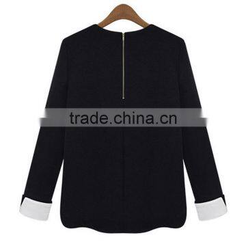 Autumn Fashion Simple Style Contrast Color Straight Fit Knitted Casual Wear Back Zipper Ladies Blouse Designs 2015 photo-3