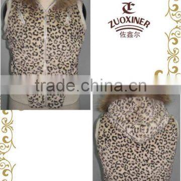 Ladies printing fur fashion vest with hood