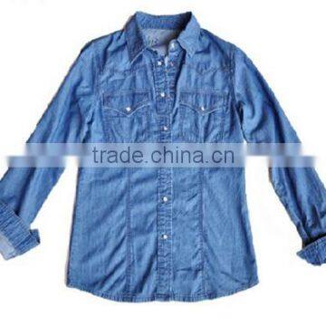 100% cotton Women Men's customer brand Fashion light blue long sleeve denim blouse cheap price