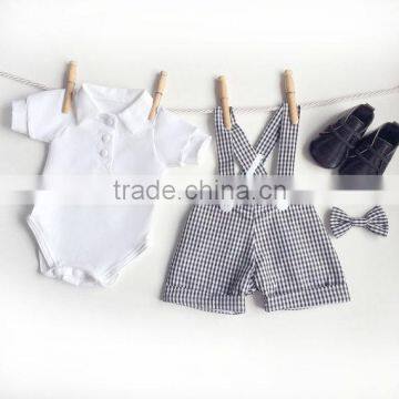 Most Popular 100% Cotton Tops and Beige Shortall Baby Clothes For Kids Boy With Bow Tie