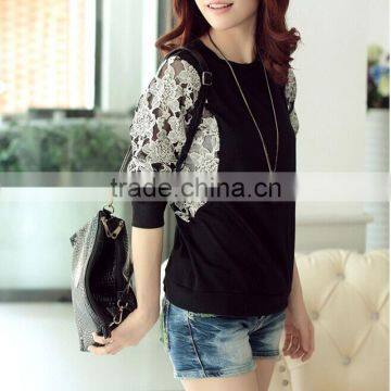 Korean Style Slim Round Neck Long Batwing Sleeve Women Lace Stitching Plus Size Blank T-shirt photo-4