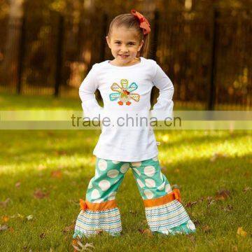 Thanks Giving Day cute little girls white cotton aqua dot multi chevron ruffle turkey boutique clothing set