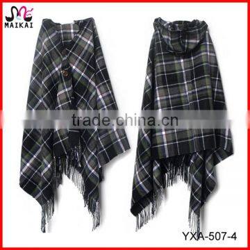 2015 Top Selling Plaid Checked Winter Acrylic Cashmere Poncho