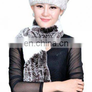 long 100% real genuine rex rabbit fur knitted scarf with flower for women