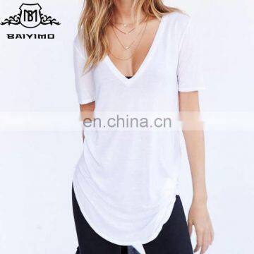 China Wholesale Short Sleeve V neck Longline Blank Women Custom T Shirt