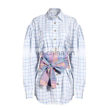 TWOTWINSTYLE Hit Color Patchwork Plaid Shirt For Women Lapel Collar Long Sleeve Lace Up