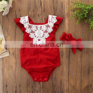 Baby Girl Red Romper Kids Lace Flower Summer Bodysuit photo-3
