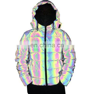 Factory Outlet 2021 Christmas Customized Winter Thick Quilted Reflective Down Windproof Hooded Bubble Jacket Men