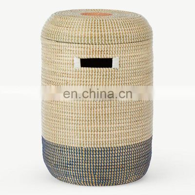 Best Supplier White & Navy Blue Weave Seagrass Laundry Basket Lidded laundry hamper Boho Storage Basket