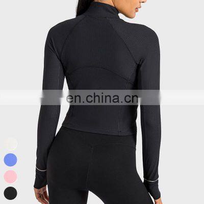 Women Breathable Clothing Running Wear Custom Sports Shirts Gym Fitness Top Long Sleeve Ribbed Half Zip Yoga Shirt For Women photo-5
