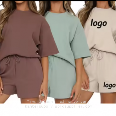 Custom Women Summer Shorts Sets 100% Cotton Short Sleeve T Shirt Shorts 2 Pieces Set From Bangladesh