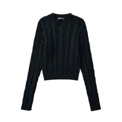 2025 New Fashionable Elegant Women's Solid Color Round Neck Cropped Cable Knit Sweater Top