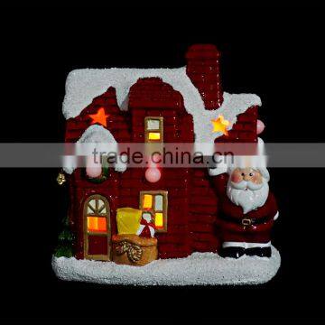 Red Painting Ceramic Christmas Village LED Light Houses With Santa Or Snowman