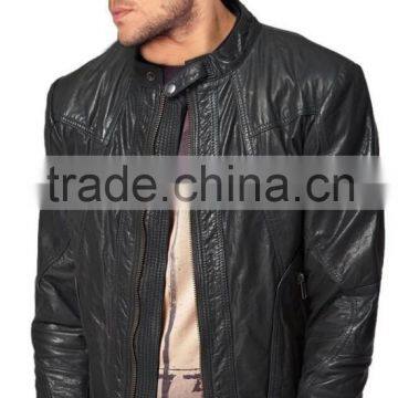 STITCH PANEL WITH TWIN ZIPPER LEATHER BIKER JACKET