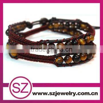 Tiger Eye beads beaded leather wrap bracelet