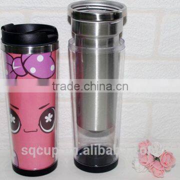 2014 New design inner stainless steel outer plastic thermal mug