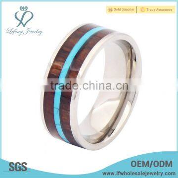 Mens titanium wood inlay rings, silver titanium ring band jewelry