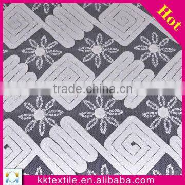 Fashion mesh bottom flower sequin embroidery and square PU leather laser embroidery lace fabric
