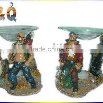 Polyresin pirate figurine T-light with candle holder and glass cup