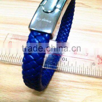 dark blue wide braided cow leather wrap bracelet with Stainless steel clasp