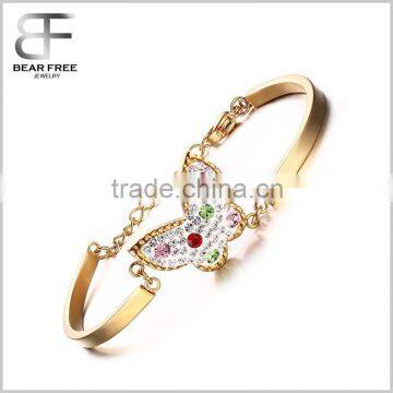 Stainless Steel Gold Plated Butterfly Cubic Zirconia Women's Elegant Cuff Bangle Bracelets