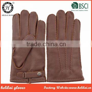 Men's Rabbit Fur Lined Handsewn Deerskin Leather Gloves with Buckle Details