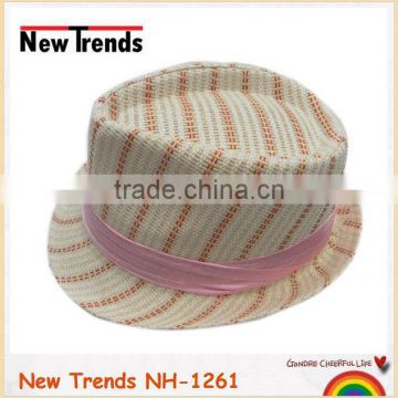 Stripes straw fedora hat with the pink ribbon