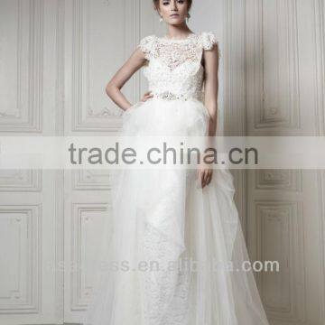 Western Style Special Lace Cap Sleeve Layers Bridal Gown with Tulle Skirt Beaded Lace Bridal Wedding Dress (WDER-ABSOLUTE)