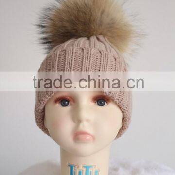 Baby Handmade Winter sweet Hats For Kids With Raccoon Fur Balls Knitted Baby Kids Hats