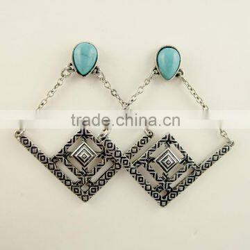 Fancy design elegant vintage turquoise stone square tribal geometry earrings