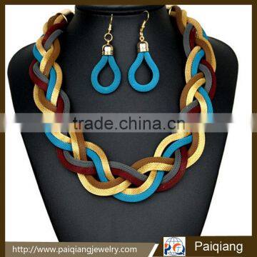 Latest exaggerated metallic woven chunky chain necklace and earrings jewelry sets