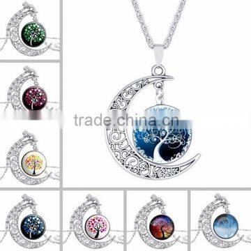 2016 Stylish Women Galaxy Universe Crescent Moon Glass Cabochon Pendant Necklace