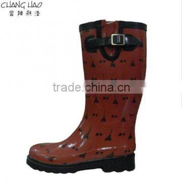 Rubber rain boot women fashion boot has haspand red ground Eiffel Tower printed