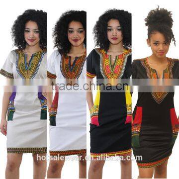 2016 National Pattern Printed Long Sleeve Midi Dresses V-Neck Side Pockets Midi Dresses SMR