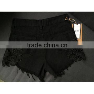 2016 Summer Fashion Women Lace Patchwork Ripped Denim Shorts Cotton Ladies New Style Tassel Fringed High Waist Short Pants