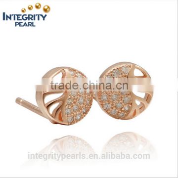 round leaf shaped zircon gold plating lady elegant stud earring circle silver