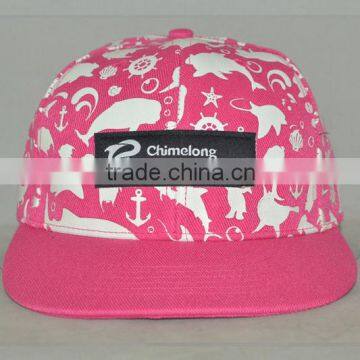 Guangzhou hat factory professional custom 100% cotton / 6 panel pink/white/black label printing material marks/flat brim hat