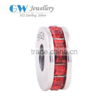 Elegant Red Zircon Stones Surrounding Flat Sterling Silver Charms For Bracelets European Style Silver Beads
