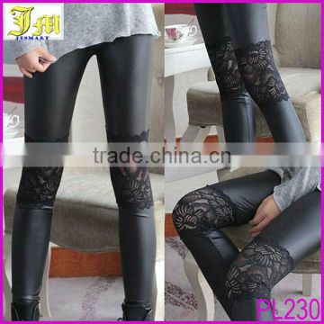 New Fashion Sexy Womens Faux Leather Stretch Leggings Knee Lace Tights Pants Wholesale