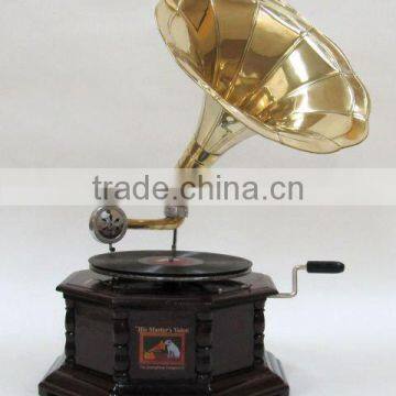 Antique Reproduction Gramophone with wooden base and brass horn