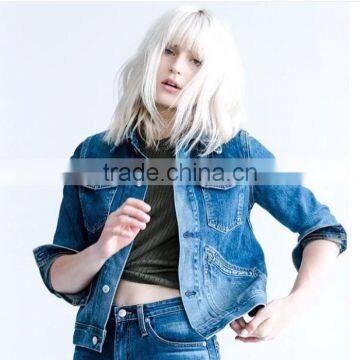 2017 new casual fitted deep blue jeans jacket washed embroidery jacket for girls