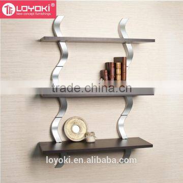 Three Level Shelving System With Decorative Ondulating Brackets Glossy MDF Wood Wall Shelf photo-3