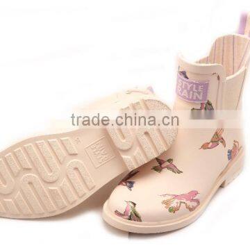 Beige Cream Color Bird Printed Girls Soft Comfortable Warm Winter Waterproof Shoes Garden Use Antislip Outsole Rain Boot Wellies photo-4