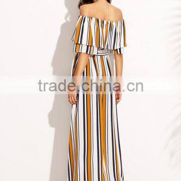 Woman Fashion Striped Off The Shoulder Tie Waist Chiffon Maxi Dress photo-5