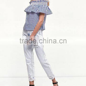 Ladies Smocking Elastic off Shoulder Striped Blouses With Frills Casual Tops photo-5