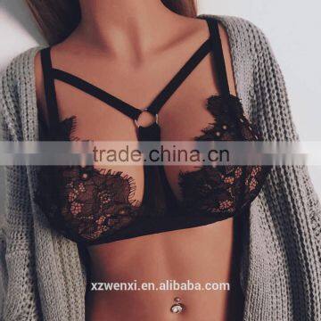 2017 new come summer woman crop top sexy girl bikini bra hollow out lace sex lingerie transparent