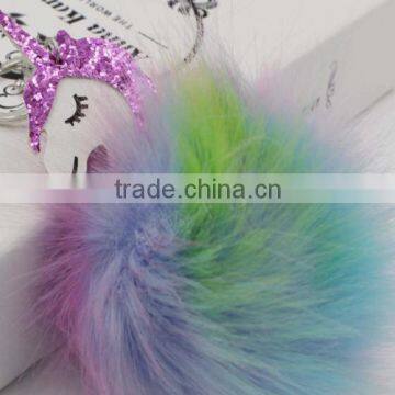 shiny unicorn horse animal fur pom pom keychain bag charms unique faux fur ball bag charms 2017 keychain premium gifts