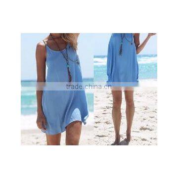 hot sale vest strap blue loose dress mini summer beach dress causual travel dress women